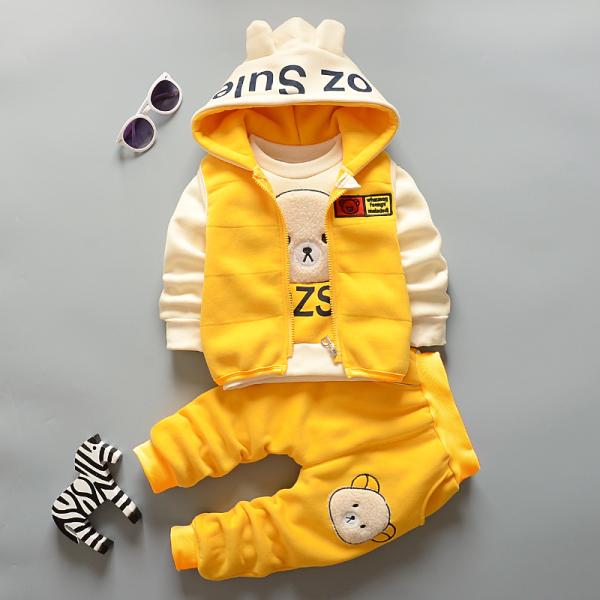 Three pieces of spring and autumn clothing for girls and boys, made of the finest fabrics.