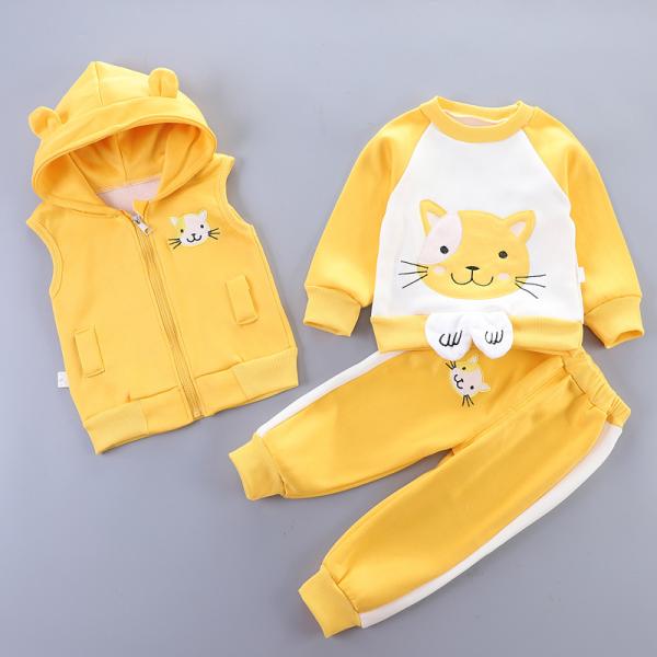 Three pieces of spring and autumn clothing for girls and boys, made of the finest fabrics.