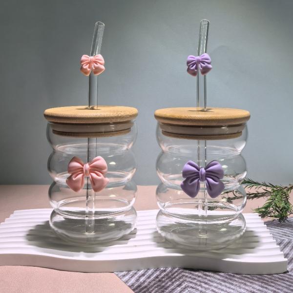 Elegant glass cup with lid and straw